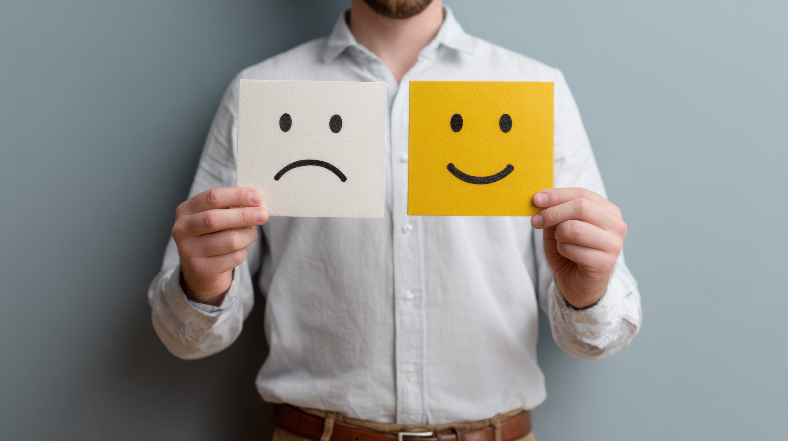 Emotional Spectrum: A person is showing the duality of feelings with two cards, the first showing sadness, and the second showing joy. this encapsulates the raw complexity of the human experience.