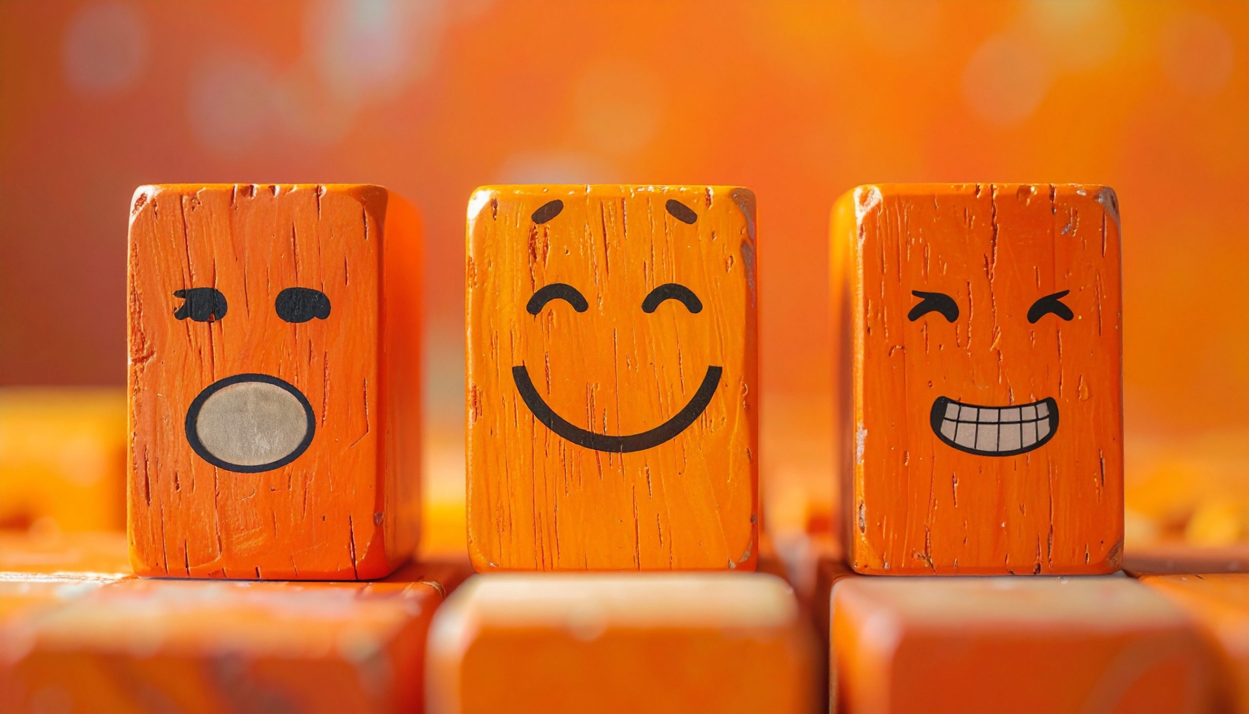 Three wooden blocks with different facial expressions representing emotions and feelings