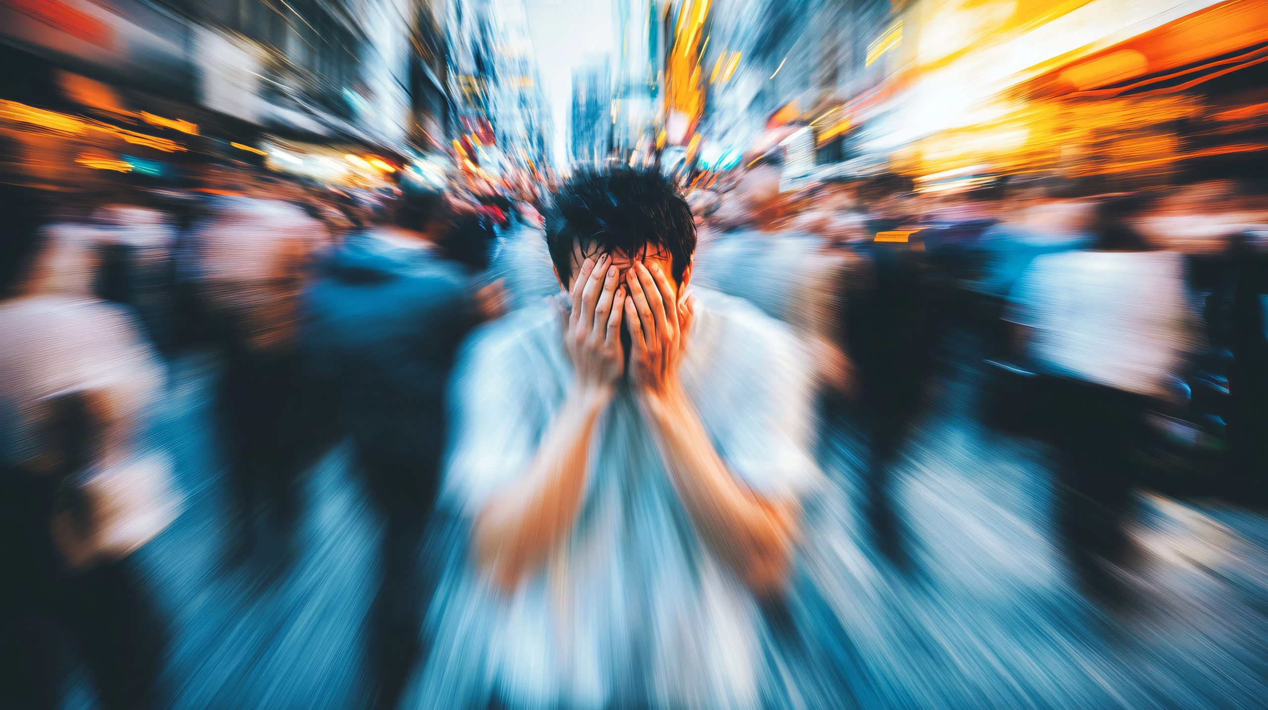 Young man is overwhelmed with anxiety and fear as he covers his face in a busy, crowded street
