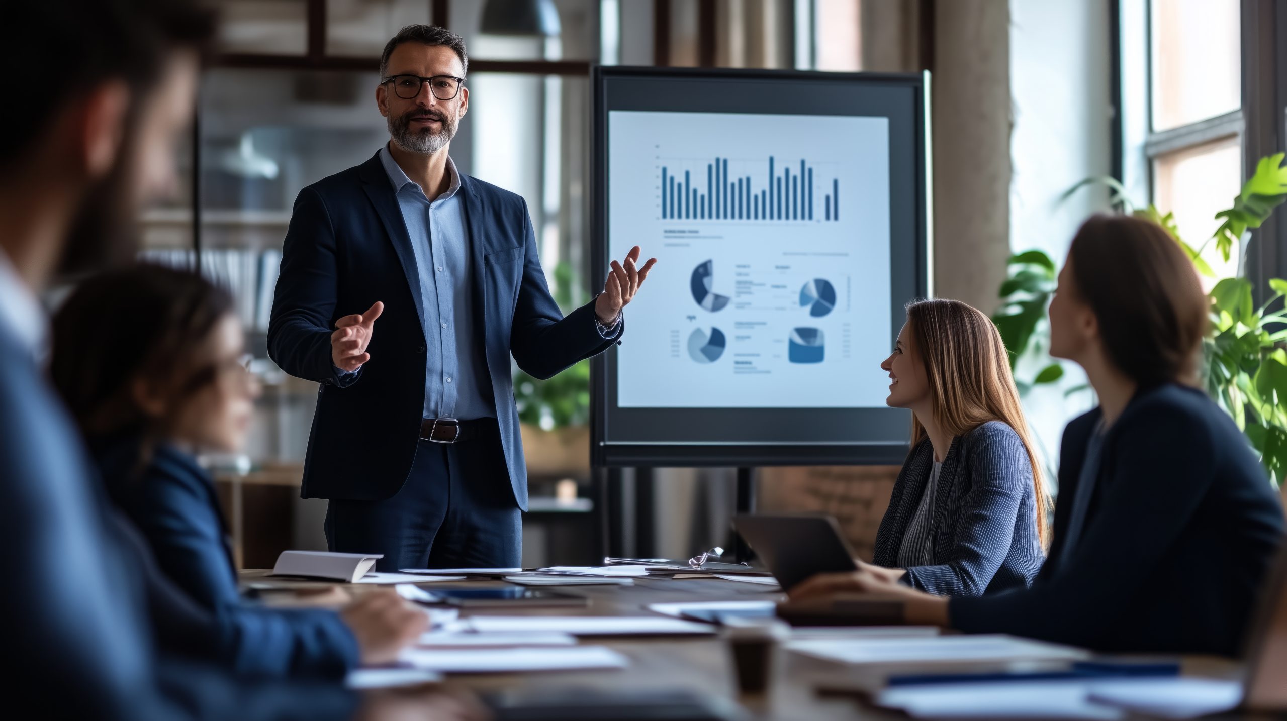 Staff meeting at long desk on presentation in office room. Manager stands near financial diagram. Team work on conference. Business training, discussion and brainstorming seminar.