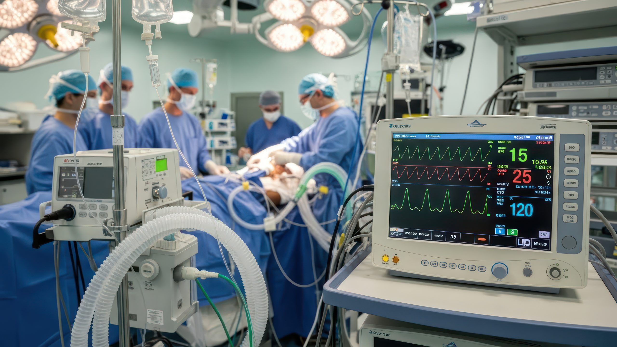 Medical professionals performing critical surgical operation with advanced monitoring equipment in