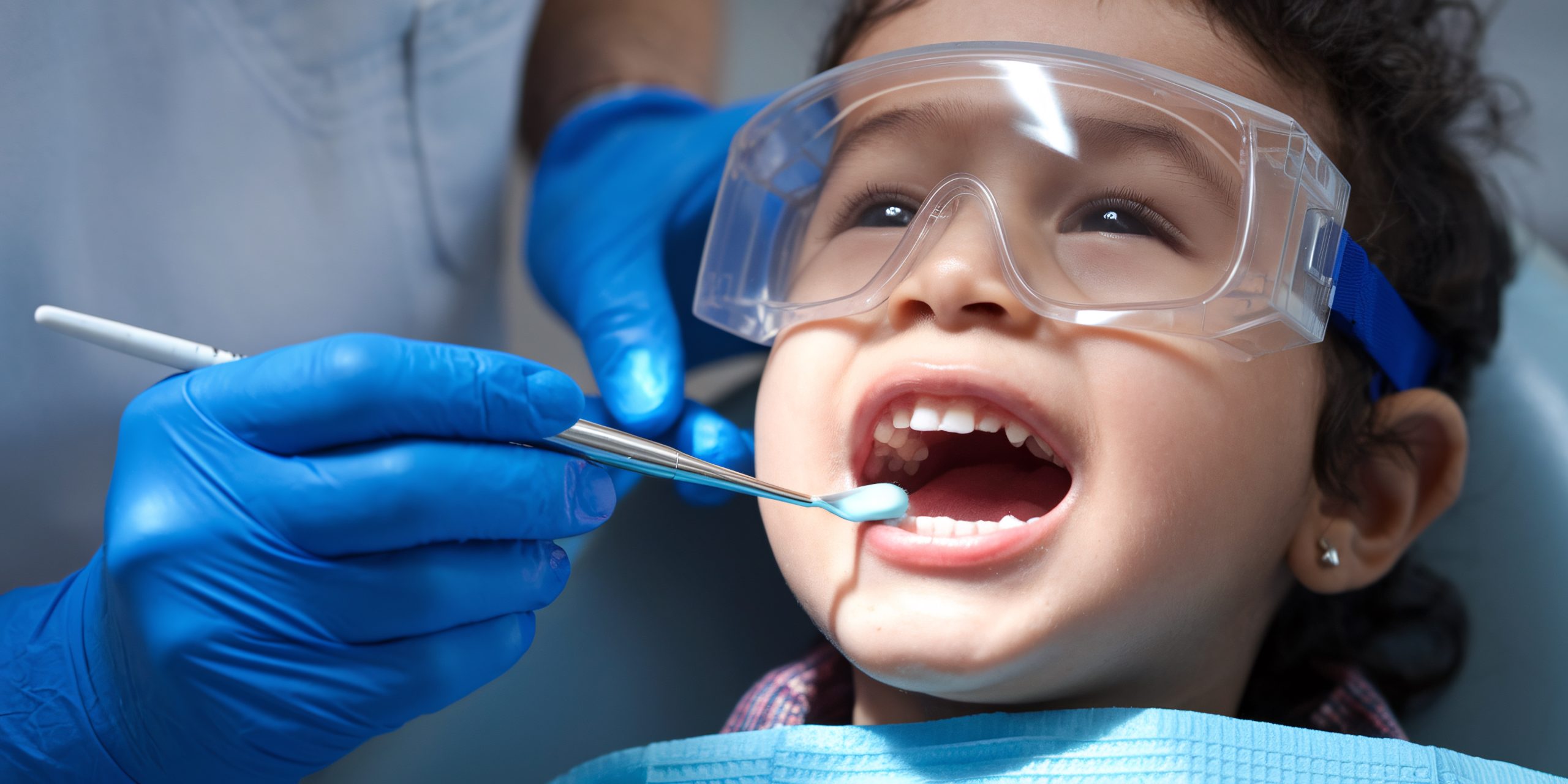 Close-up of a dentist applying a fluoride treatment to a child's teeth using a small brush. The child is wearing protective goggles, and the dentist’s hand is steady.